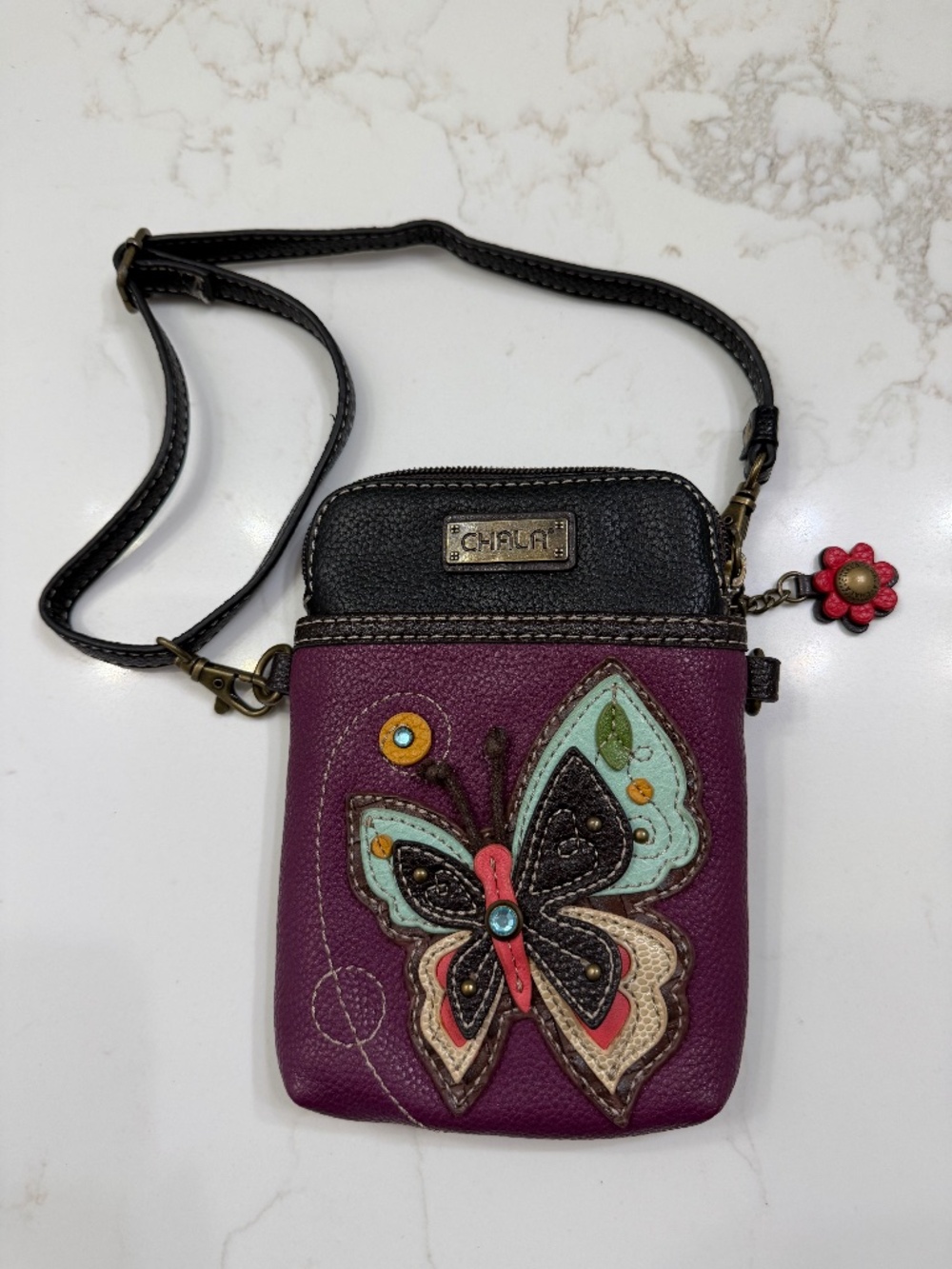 NEW CHALA BLACK PURPLE MOTH INSECT CELL PHONE CROSSBODY PURSE ADJ STRAP